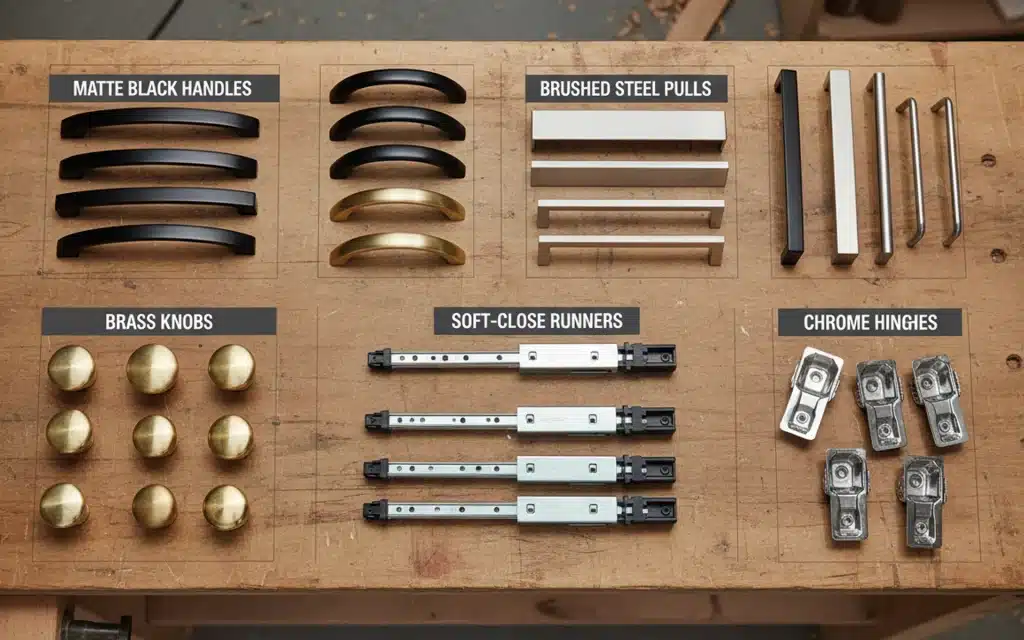 Cabinet joinery hardware laid out on a workbench, including matte black handles, brushed steel pulls, brass knobs, soft-close drawer runners, and chrome hinges.
