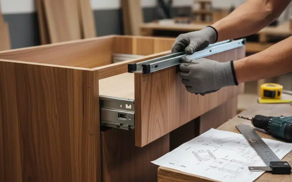 Joiner fits metal drawer runners to a timber cabinet drawer during installation, with a drill, tape measure, ruler, and joinery plans on a workbench.